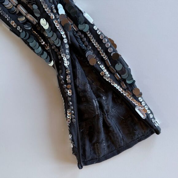 NWT Mac Duggal Embellished High Neck Long Sleeve Fitted Dress in Charcoal Gray 4 - Picture 8 of 16